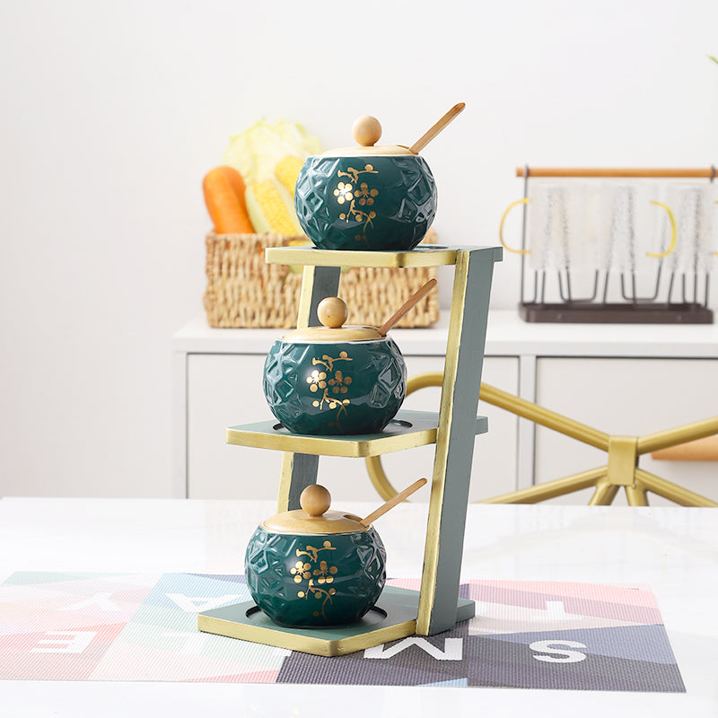 Bamboo Shelf with Glass and Ceramic Seasoning Jars