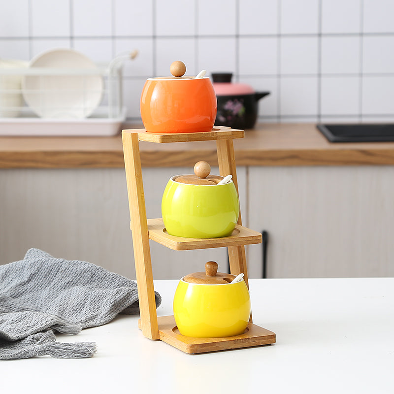 Bamboo Shelf with Glass and Ceramic Seasoning Jars