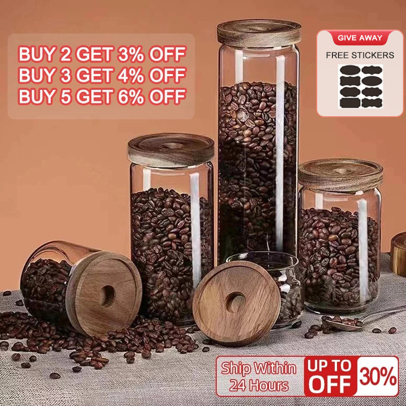 Glass Storage Jars with Wooden Lids for Food and Candy