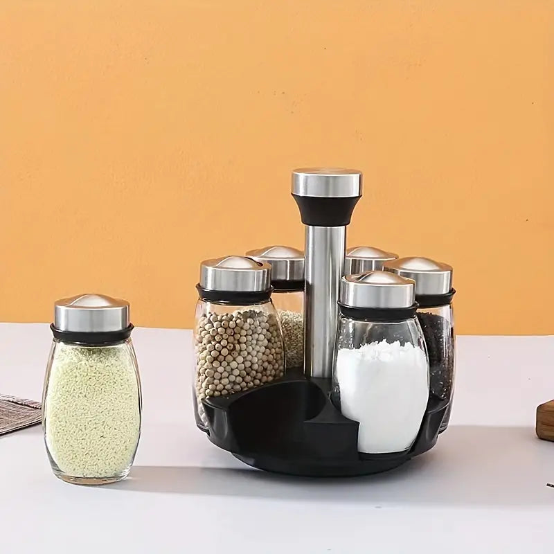 Rotating Spice Rack Set with 6 Glass Jars and Base