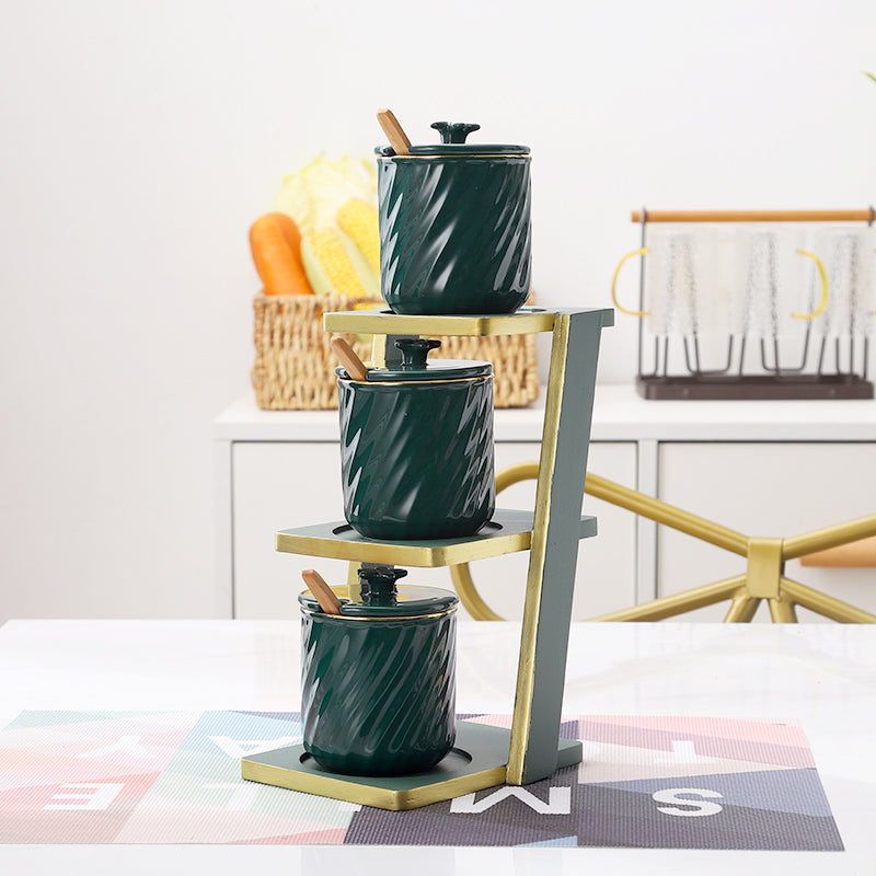 Bamboo Shelf with Glass and Ceramic Seasoning Jars