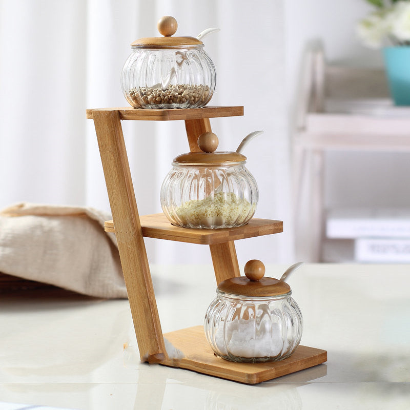 Bamboo Shelf with Glass and Ceramic Seasoning Jars