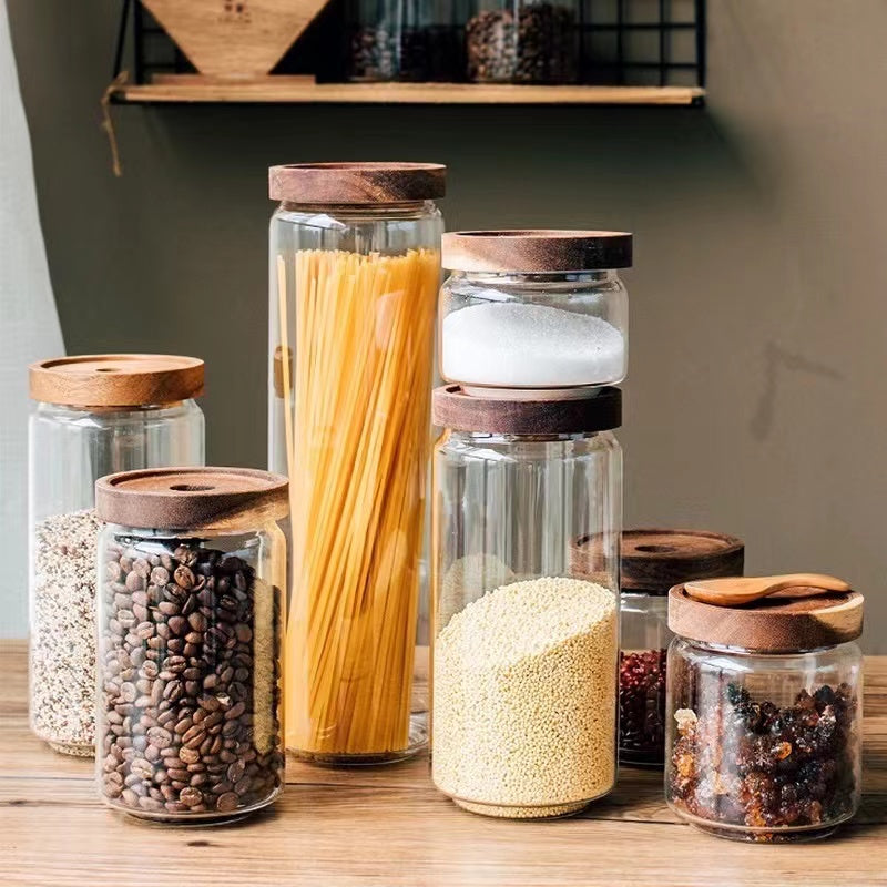 Glass Storage Jars with Wooden Lids for Food and Candy