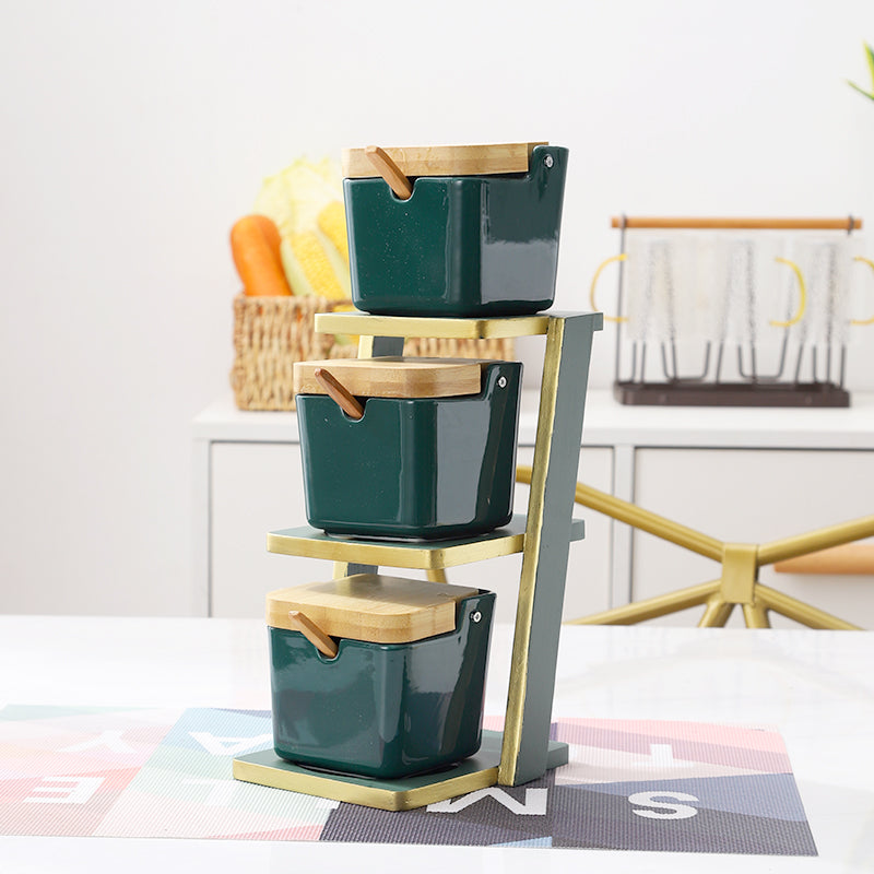 Bamboo Shelf with Glass and Ceramic Seasoning Jars