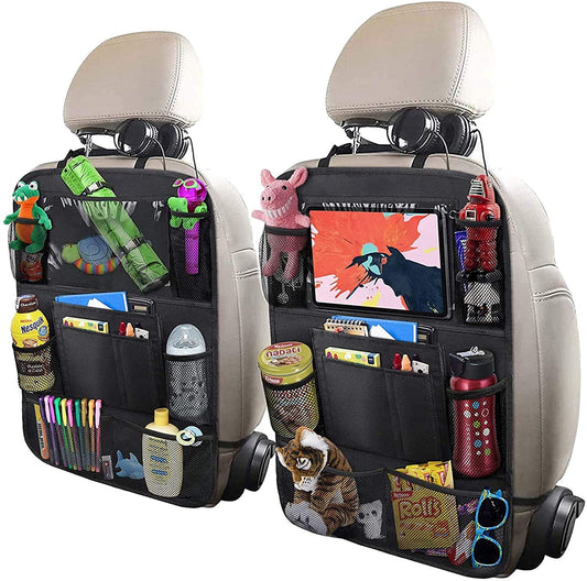 ULEEKA Car Backseat Organizer with 10" Table Holder 9 Storage Pockets Seat Back Protectors Kick Mats for Kids Toddlers Travel Accessories 2 Pack