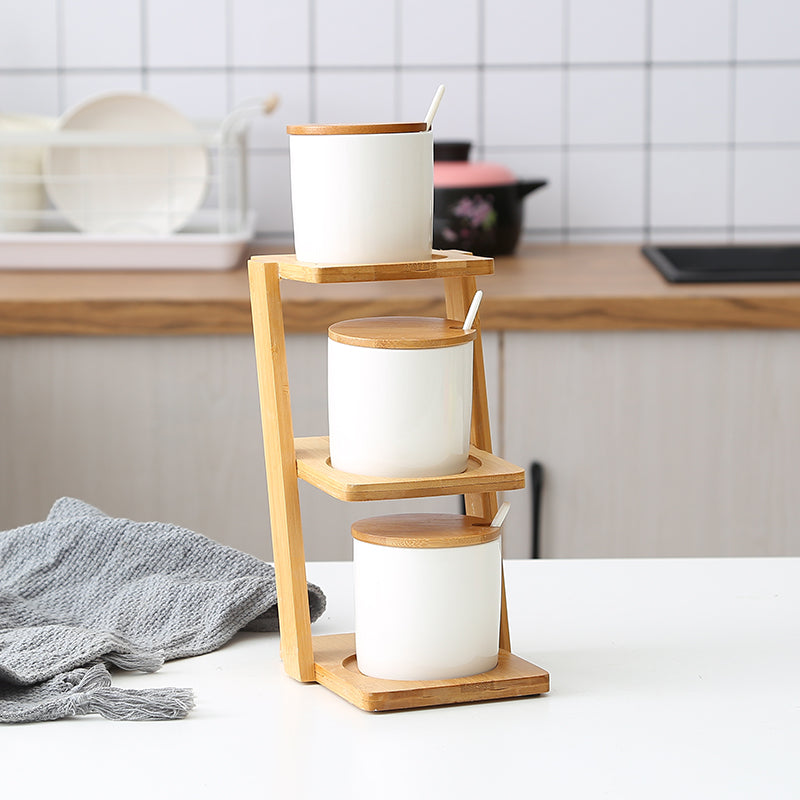 Bamboo Shelf with Glass and Ceramic Seasoning Jars