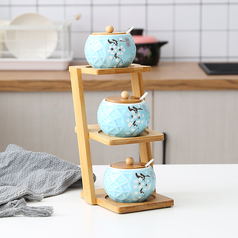 Bamboo Shelf with Glass and Ceramic Seasoning Jars