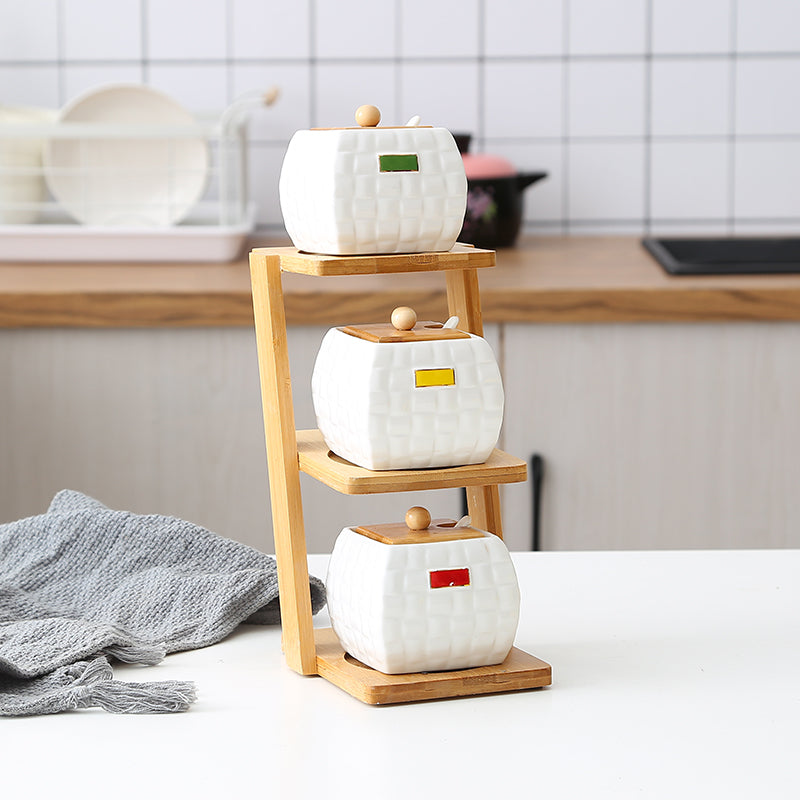 Bamboo Shelf with Glass and Ceramic Seasoning Jars
