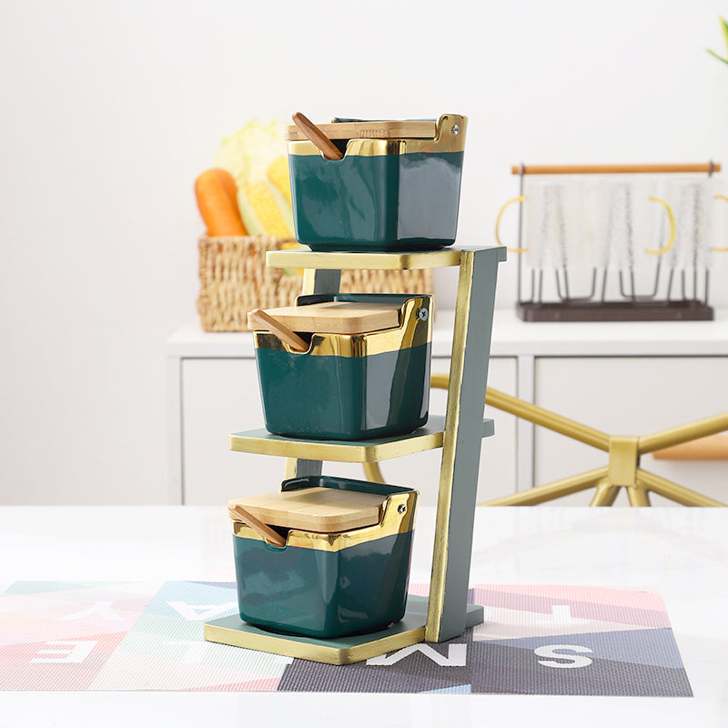 Bamboo Shelf with Glass and Ceramic Seasoning Jars