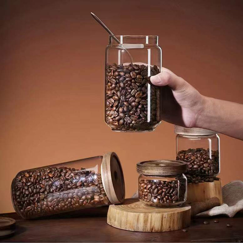 Glass Storage Jars with Wooden Lids for Food and Candy