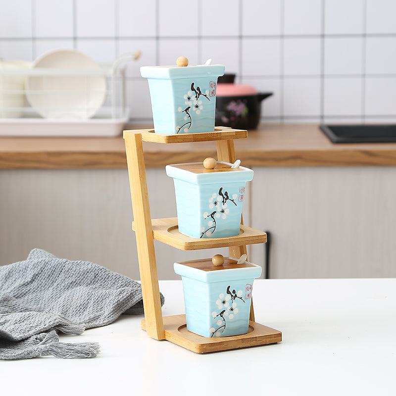 Bamboo Shelf with Glass and Ceramic Seasoning Jars