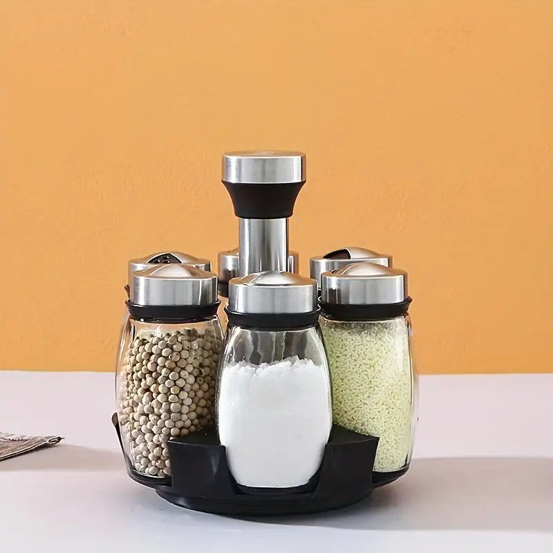 Rotating Spice Rack Set with 6 Glass Jars and Base