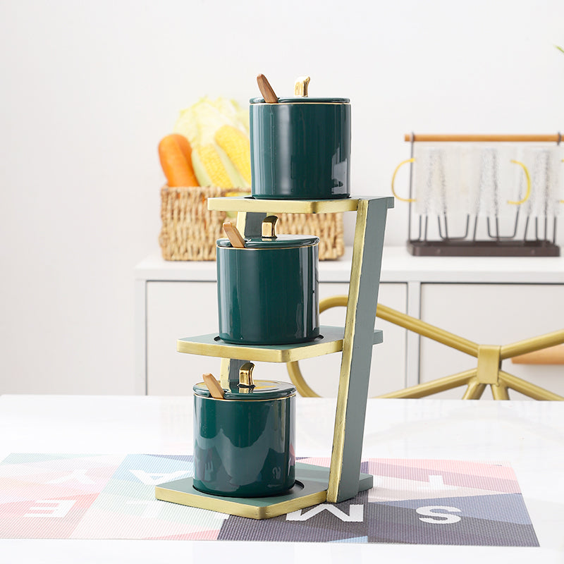 Bamboo Shelf with Glass and Ceramic Seasoning Jars