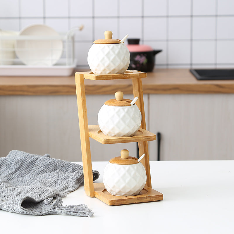 Bamboo Shelf with Glass and Ceramic Seasoning Jars