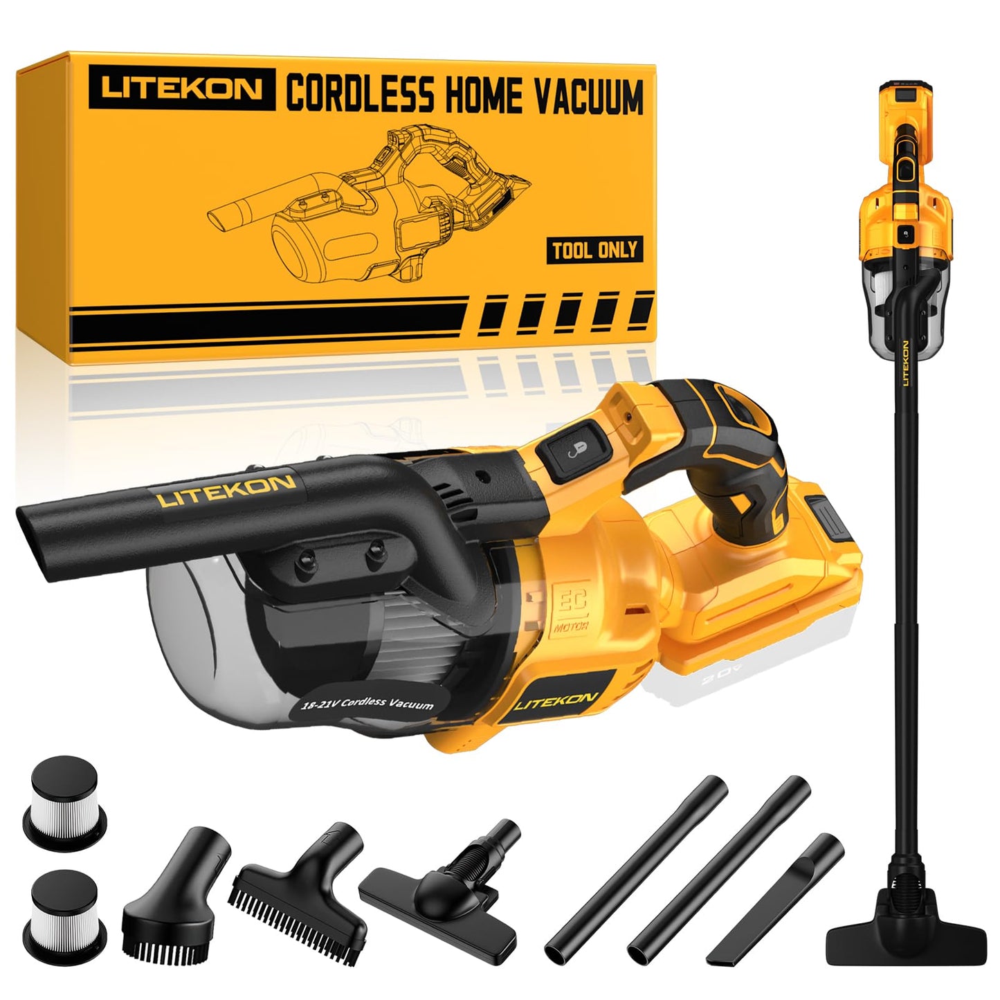 LITEKON Cordless Vacuum Compatible with 𝗗𝗘-𝗪𝗔𝗟𝗧 20V Max Battery (No Battery) Handheld Battery Powered Vacuum Cleaner for Wood Floor Carpet Car Cleaning 125AW (Tool Only)