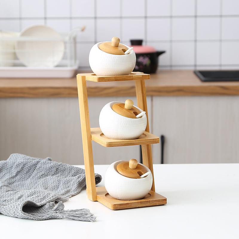 Bamboo Shelf with Glass and Ceramic Seasoning Jars