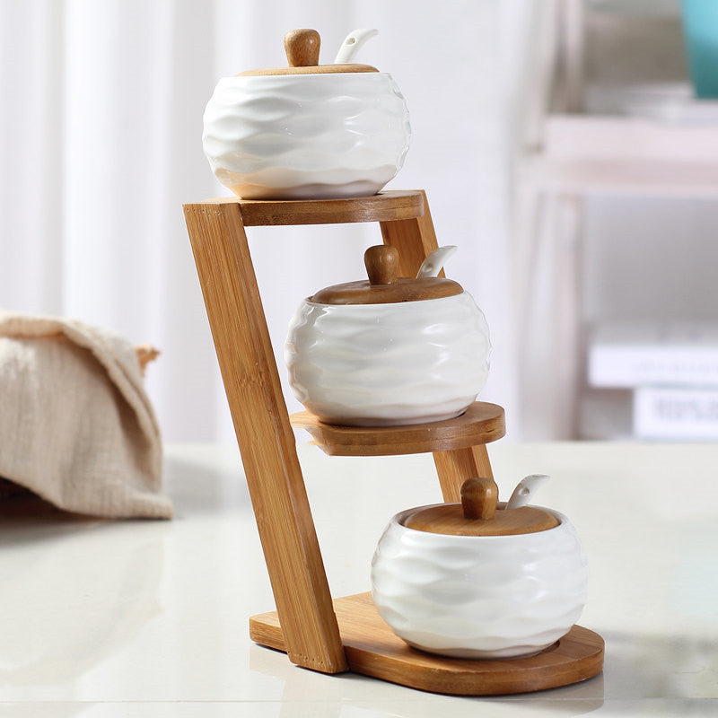 Bamboo Shelf with Glass and Ceramic Seasoning Jars